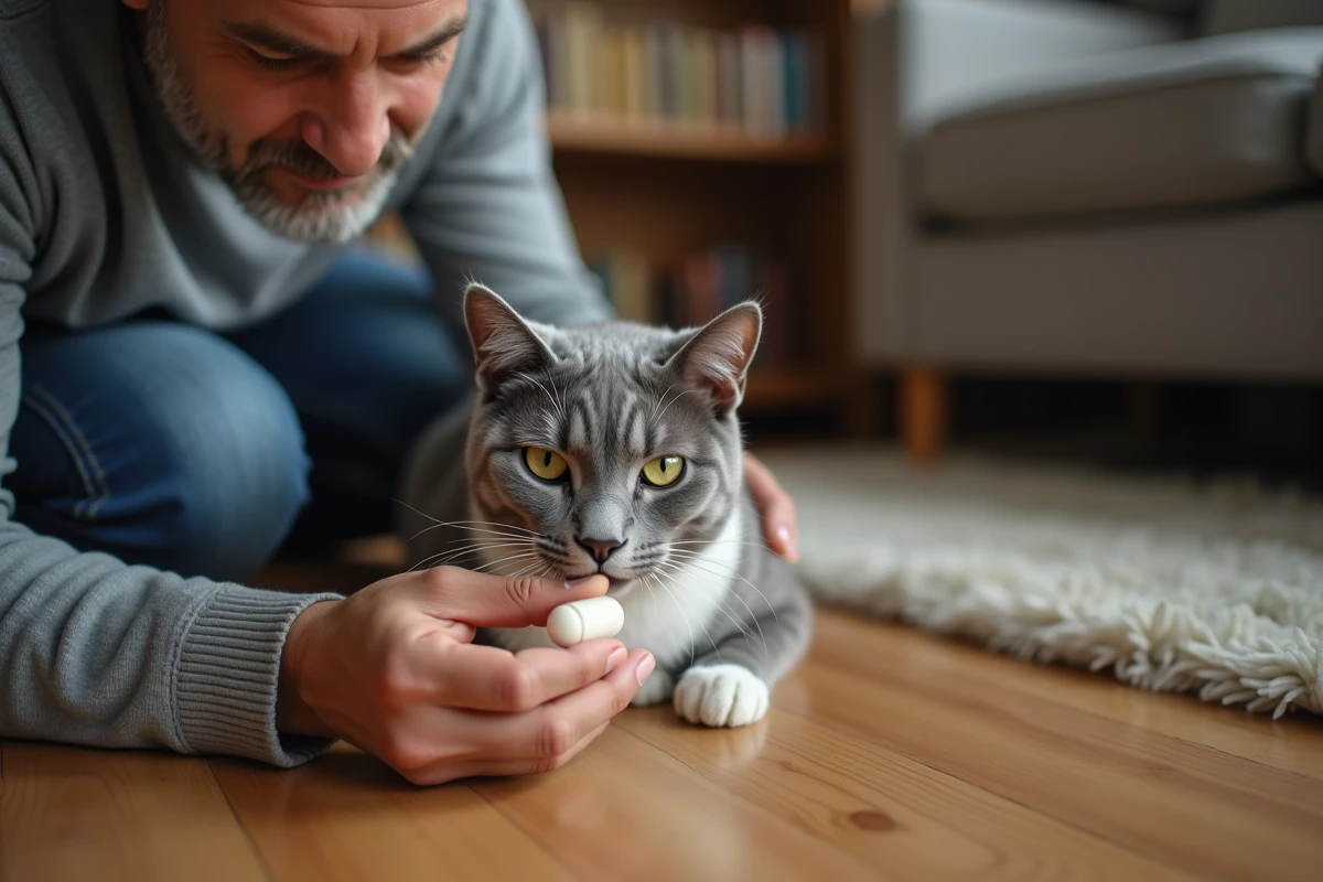 Propriétaire administrant un comprimé de Clavaseptin à son chat à la maison dans un traitement bienveillant