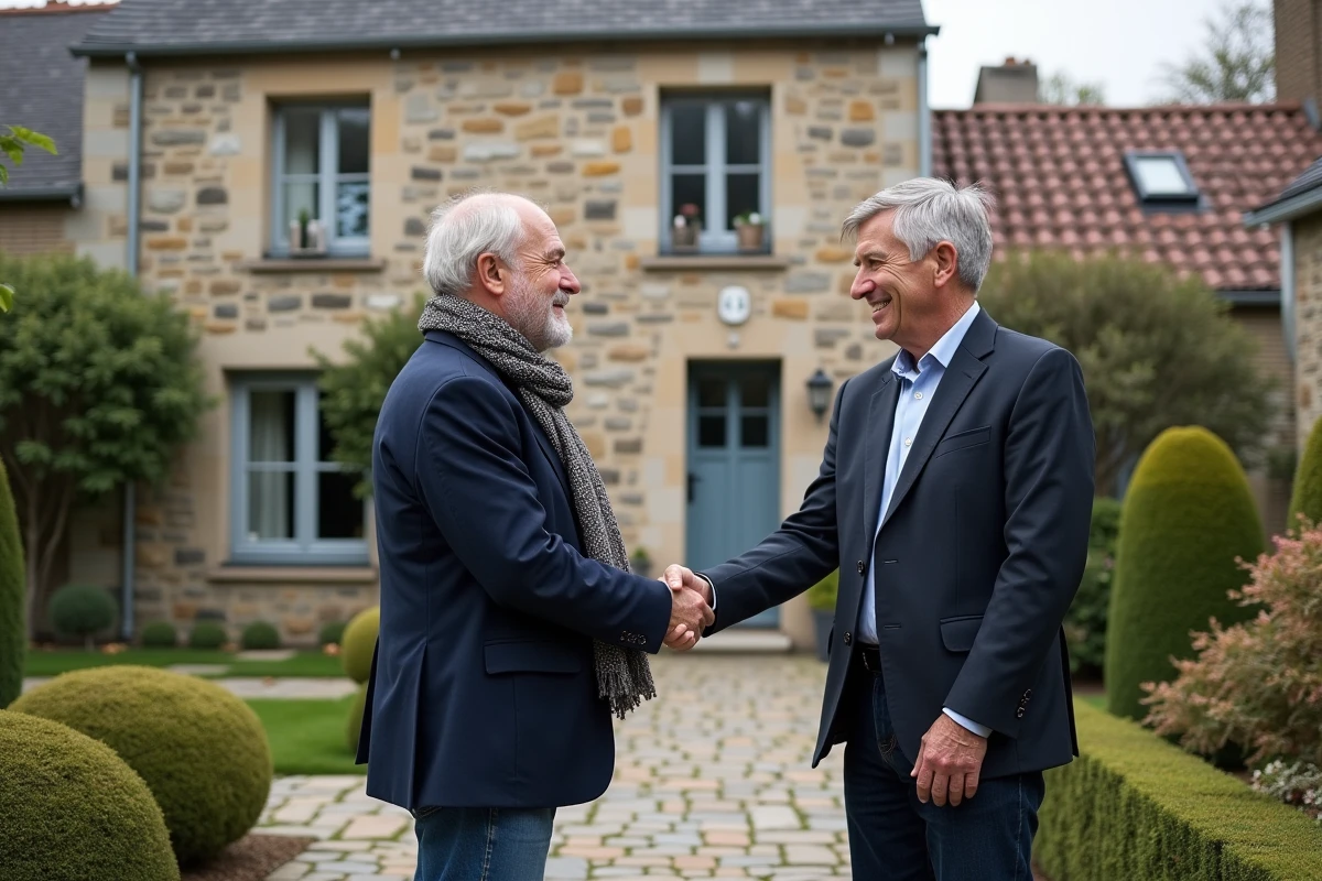 Agent immobilier saluant un couple devant maison bretonne
