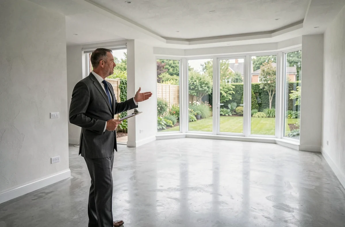 Agent immobilier présentant une maison moderne avec baies vitrées et jardin lors d'une visite