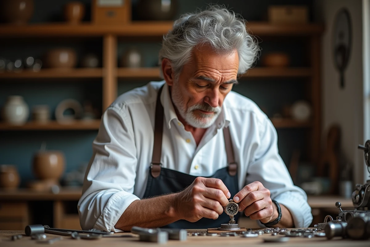 Horloger concentré travaillant sur une montre