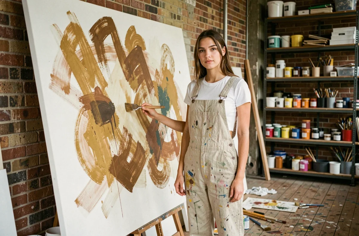 Jeune artiste émergente debout devant une grande toile abstraite dans un atelier industriel brut avec murs en brique et matériaux créatifs