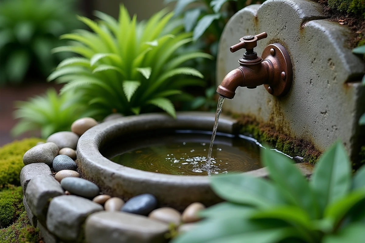 Détail d'un bassin en pierre naturelle avec fontaine en cuivre patiné, entouré de mousses et de fougères dans un jardin zen et verdoyant