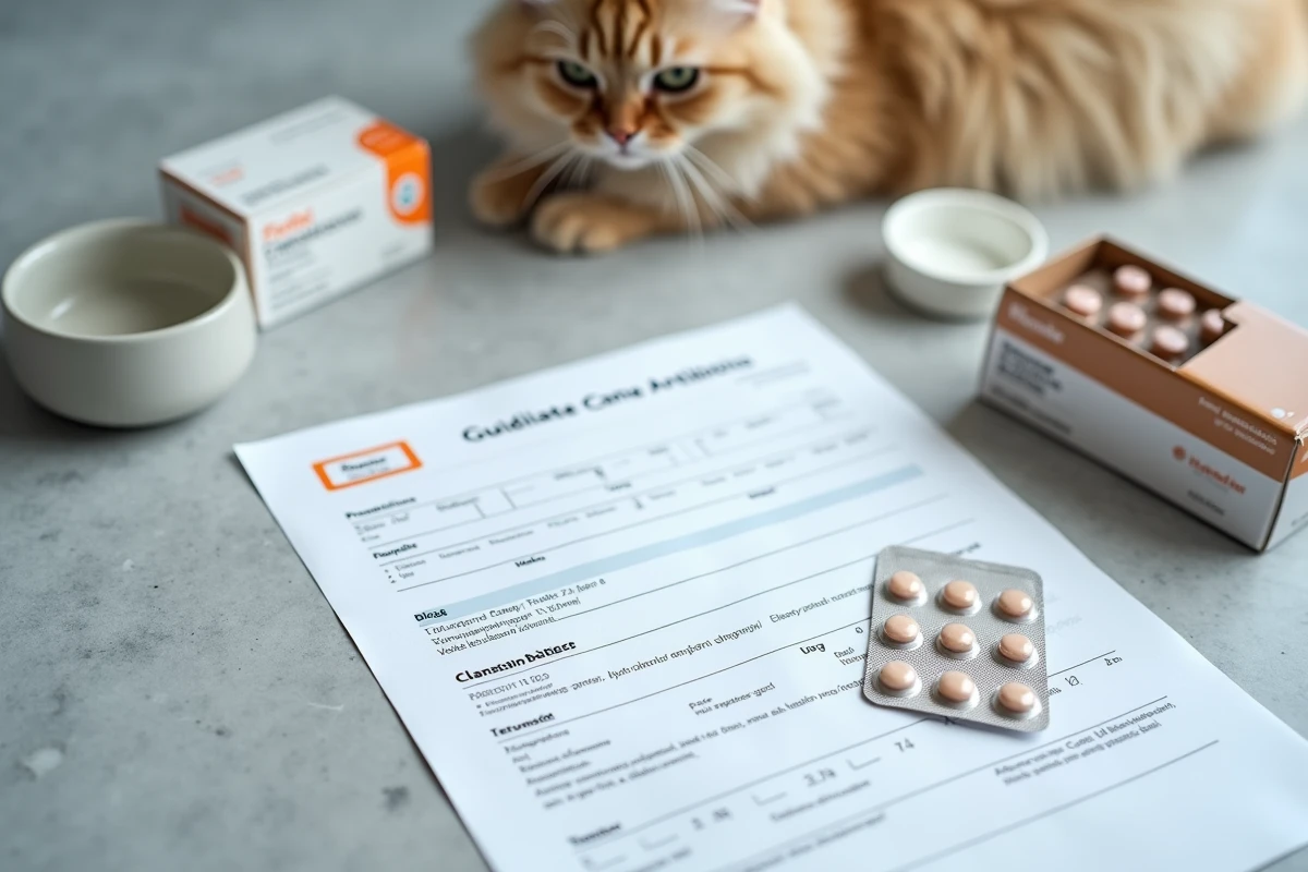 Boîte de Clavaseptin et ordonnance vétérinaire posées sur un comptoir avec un chat persan en arrière-plan flou