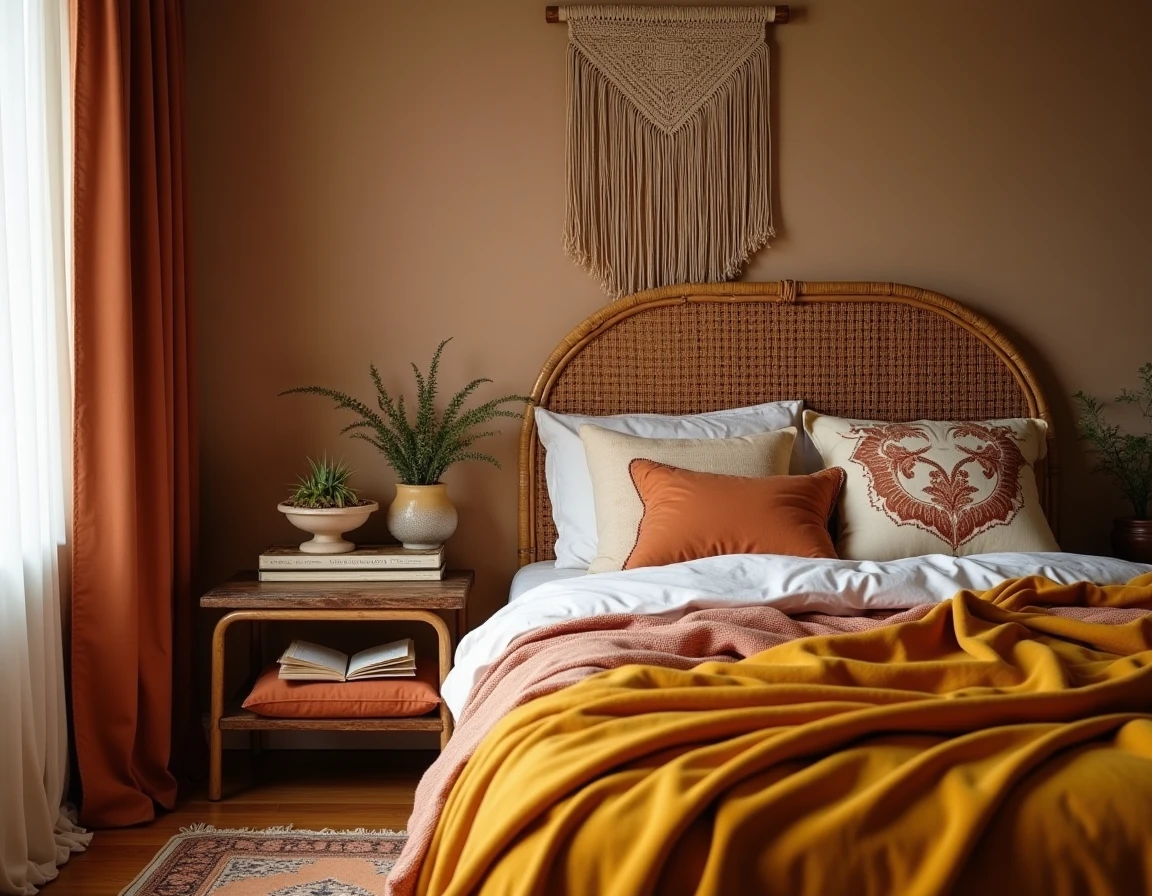 Chambre bohème chaleureuse avec tête de lit en rotin, plaid en velours moutarde, coussins brodés et table de chevet vintage
