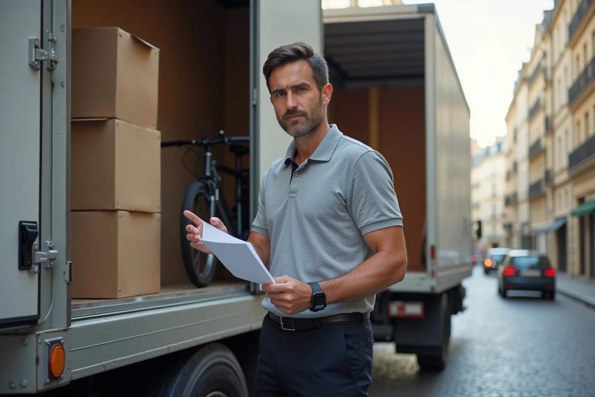 Chauffeur livreur vérifiant l'inventaire d'un camion 20m3 chargé de cartons et d'un vélo en zone urbaine