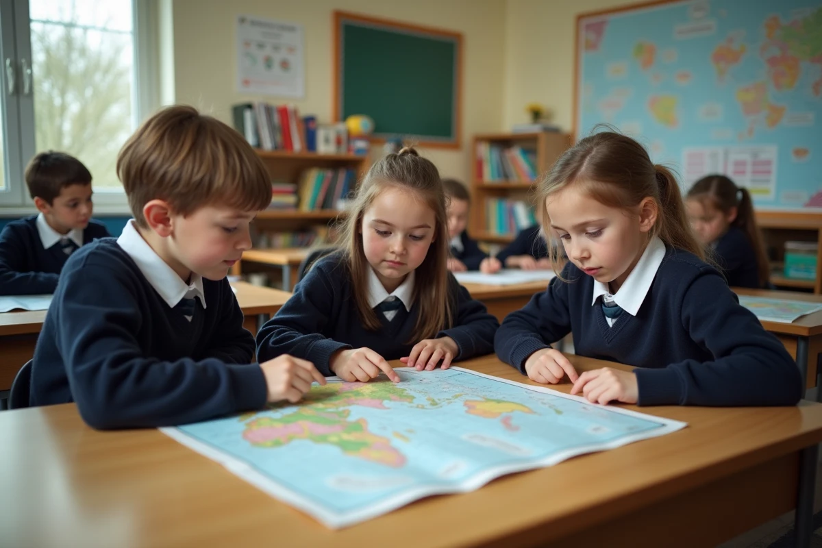 Enfants en classe travaillant sur une carte