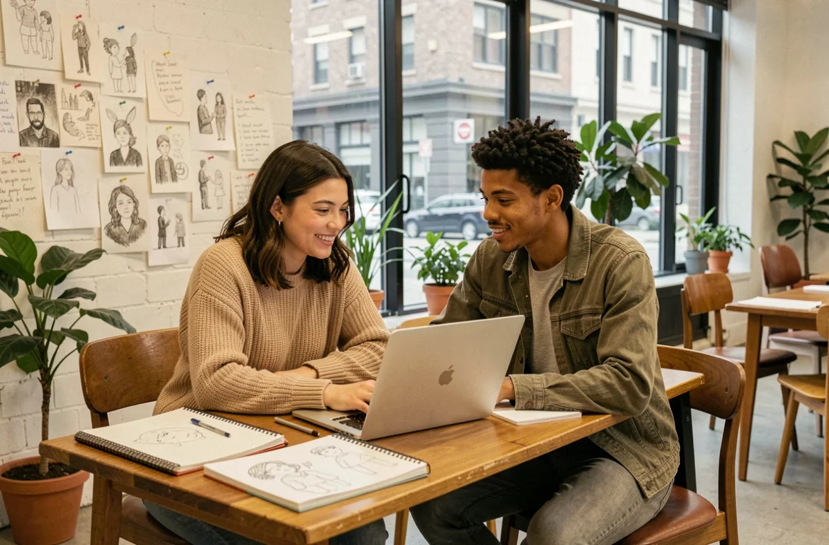 Deux créateurs indépendants collaborant autour d'un ordinateur portable et de carnets de croquis dans un espace de coworking artistique lumineux