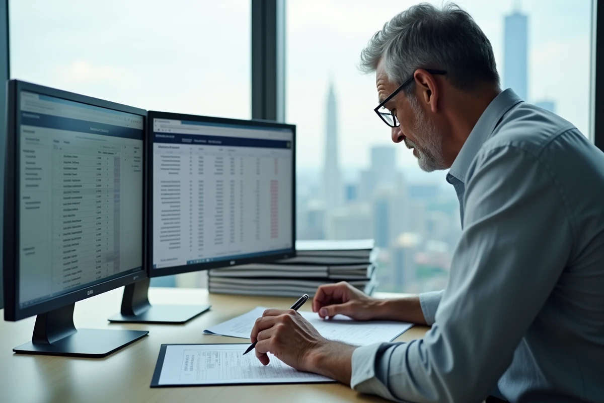 Comptable analysant une déclaration de revenus fonciers 2044 sur ordinateur dans un cabinet professionnel