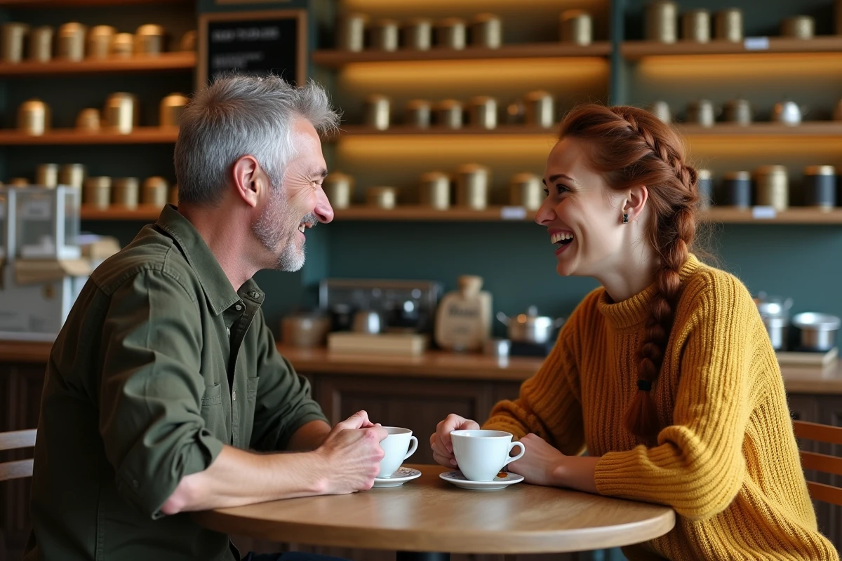 Homme et femme dégustant des thés équitables dans une boutique spécialisée, engagés dans une conversation sur les arômes et les origines