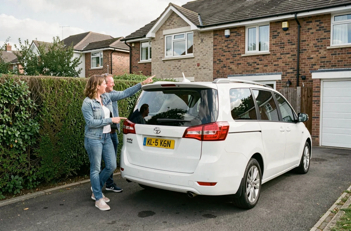 Couple évaluant un monospace familial dans une allée résidentielle, guide pratique pour choisir la voiture familiale selon ses besoins