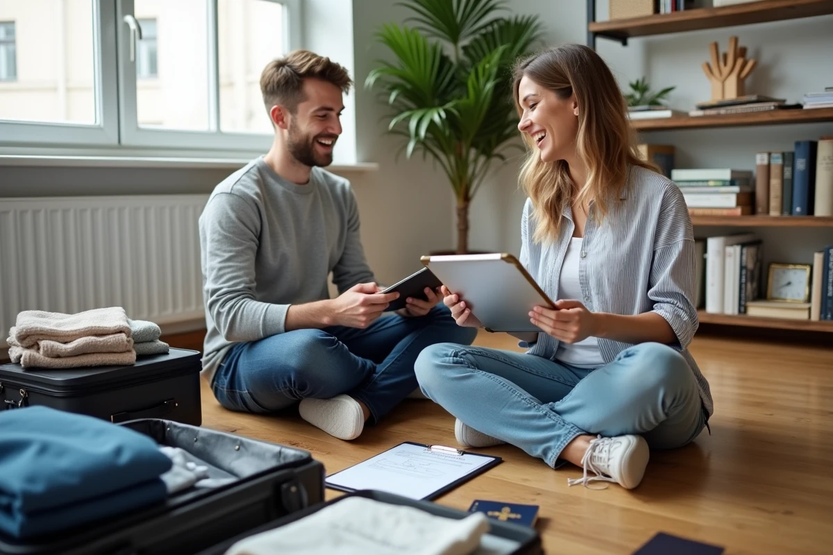 Couple préparant ses bagages et planifiant un voyage autour du monde dans un appartement