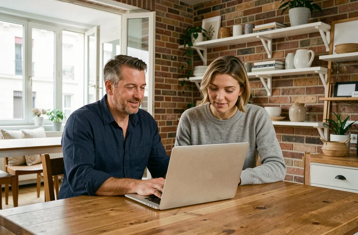 Couple consultant des annonces immobilières sur un ordinateur portable dans un appartement chaleureux