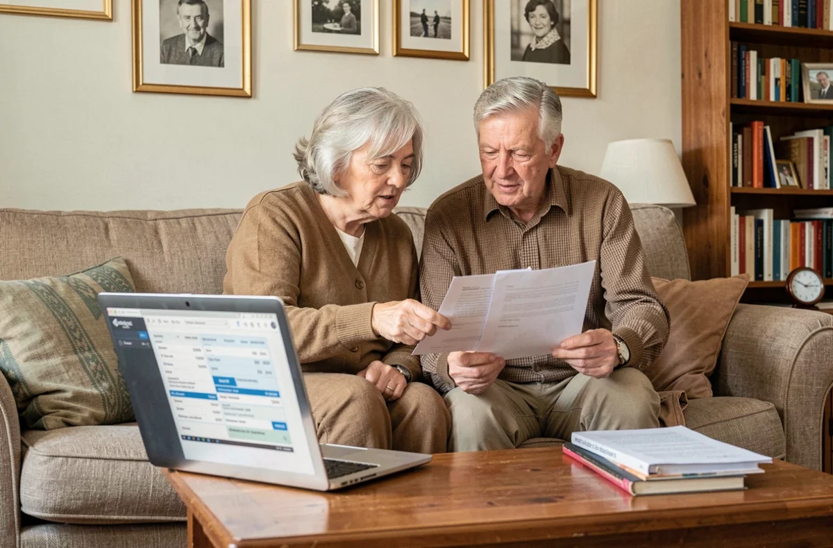 Un couple de seniors français examine ensemble un relevé bancaire sur un ordinateur portable pour comprendre un prélèvement Predica Prévoyance