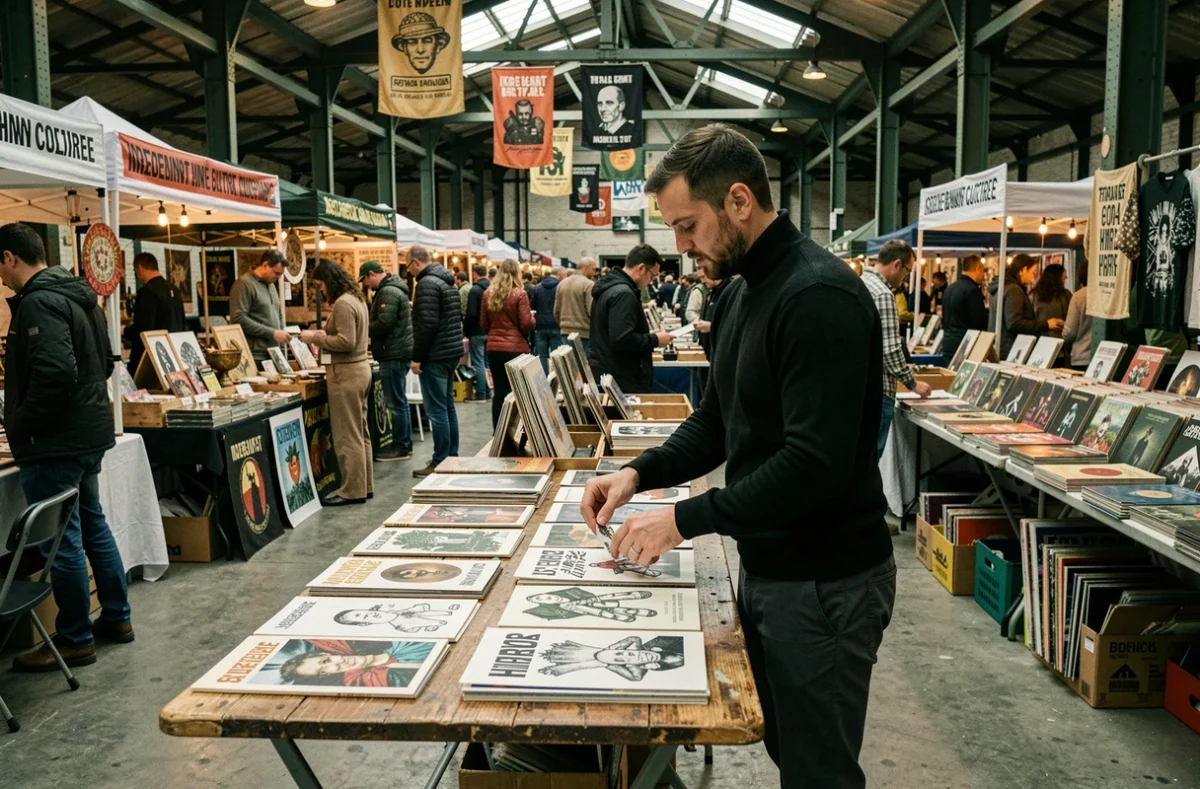 Créateur indépendant présentant des zines artisanaux et des illustrations sur une table lors d'une foire culturelle underground animée