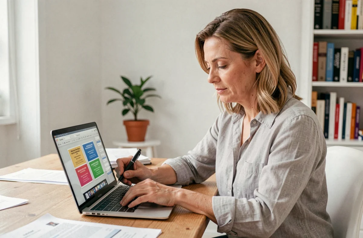 Femme créant une étiquette personnalisée pour boîte aux lettres sur un ordinateur portable dans un bureau à domicile