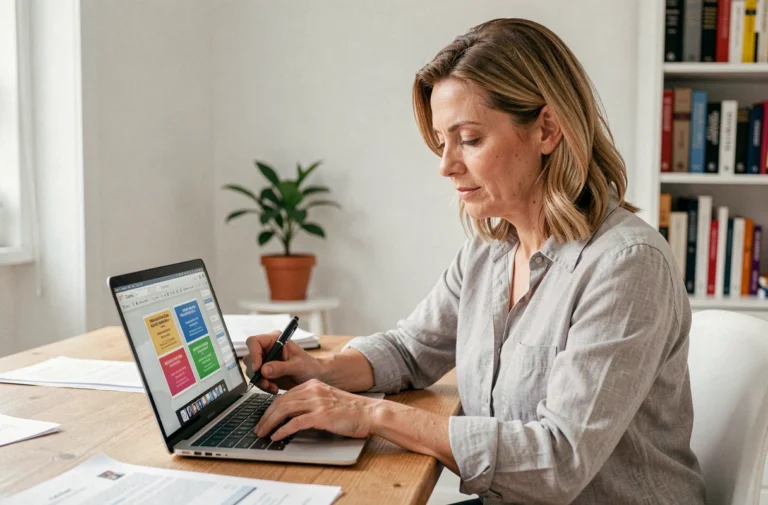 Femme créant une étiquette personnalisée pour boîte aux lettres sur un ordinateur portable dans un bureau à domicile