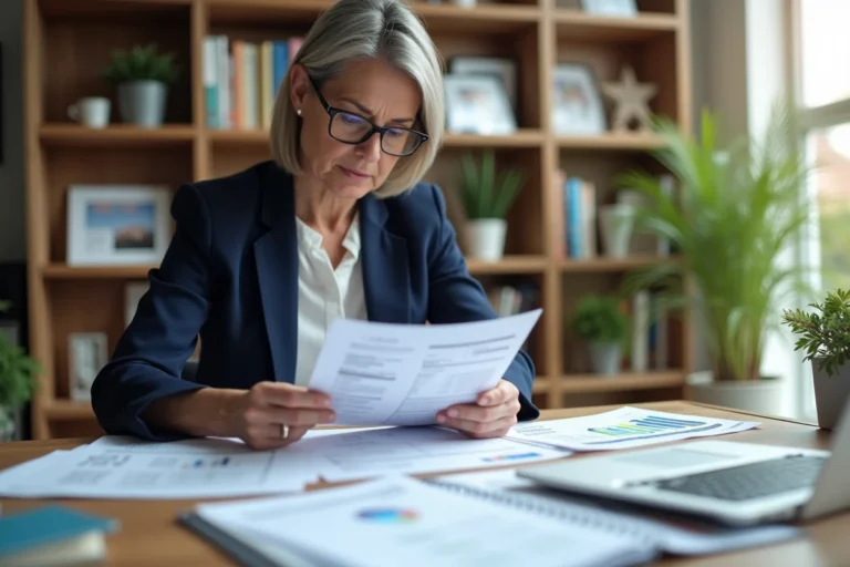 Femme professionnelle révisant des documents fiscaux liés à la déclaration 2044 dans un bureau à domicile