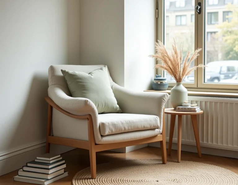 Coin salon scandinave avec fauteuil en lin naturel, table en chêne et vase en céramique avec herbes de la pampa séchées