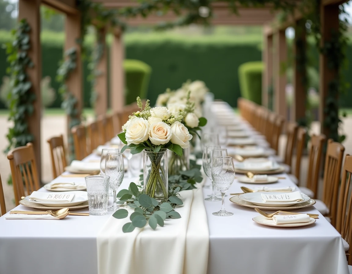 Table de réception de mariage décorée avec des pivoines, des roses et une vaisselle dorée dans un jardin de château français