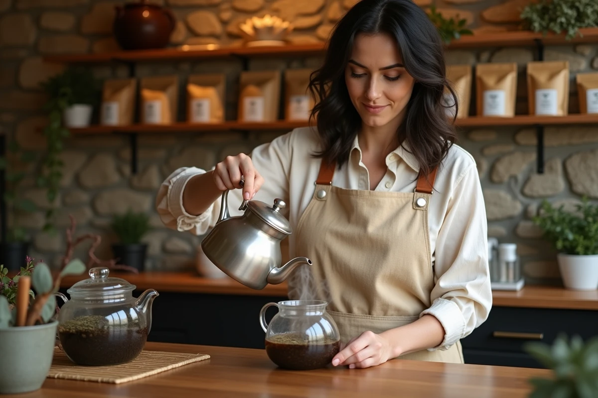 Femme versant de l'eau chaude dans une théière en verre remplie de thé bio en feuilles dans un salon de thé artisanal aux murs en pierre