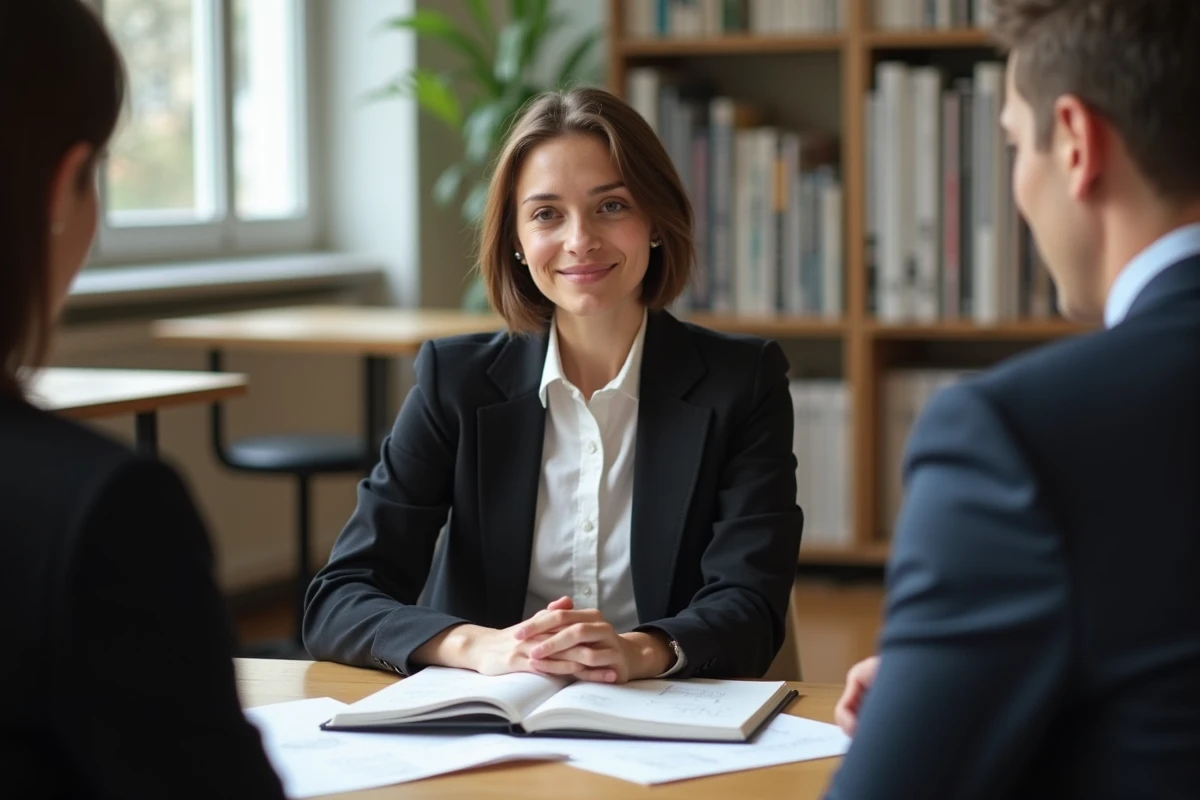 Jeune femme en entretien d'admission à l'ENSAAMA face à un jury, portfolio ouvert sur la table dans une salle académique parisienne