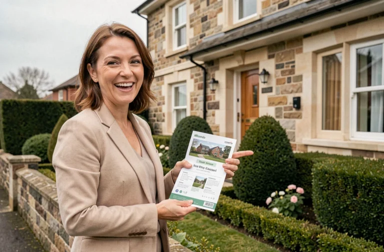 Femme souriante tenant une brochure immobilière devant une maison de style français avec jardin soigné