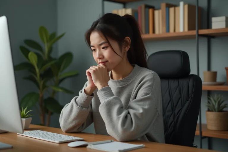 Jeune femme au bureau en réflexion silencieuse