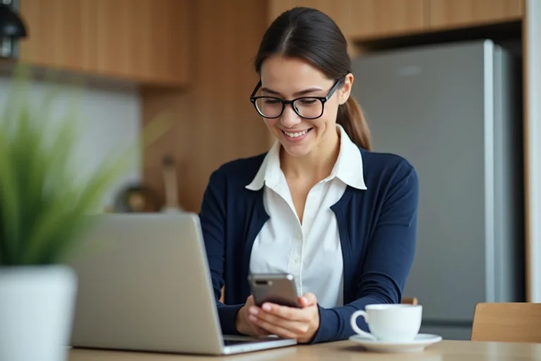 Femme au bureau vérifiant son ordinateur et smartphone