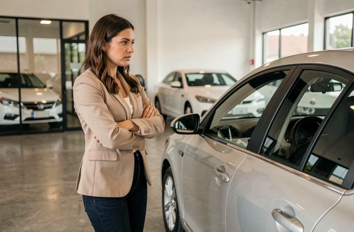 Femme examinant une voiture dans une concession automobile, guide pour choisir la voiture idéale selon son budget