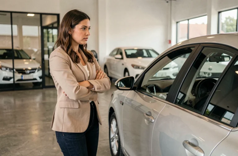 Femme examinant une voiture dans une concession automobile, guide pour choisir la voiture idéale selon son budget