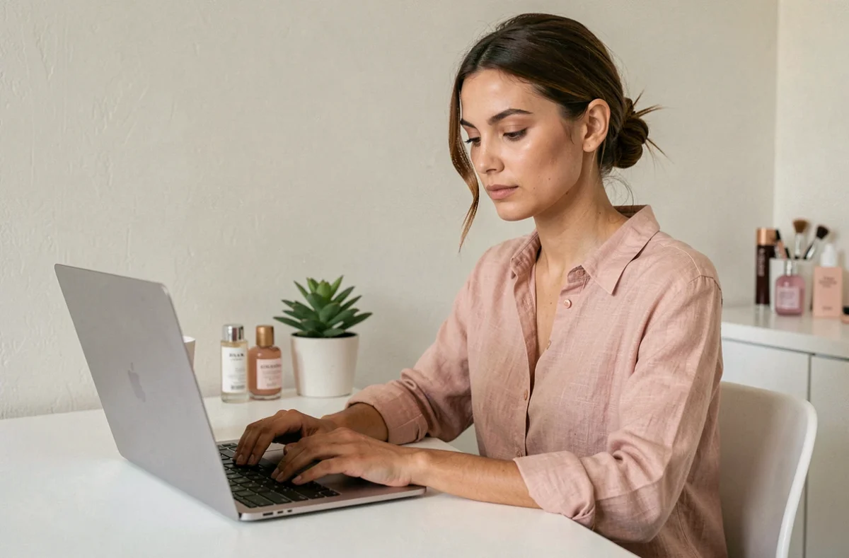 Femme contactant Le Break Beauté via son ordinateur portable depuis un bureau minimaliste à domicile