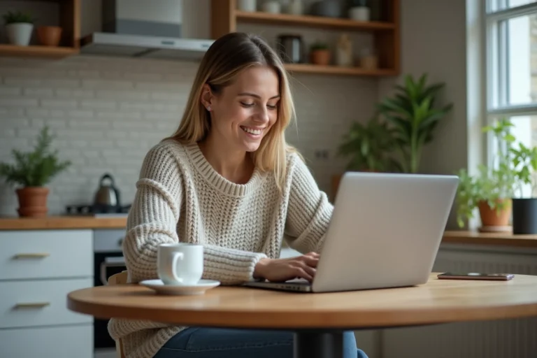 Jeune femme souriante à la maison avec ordinateur et café