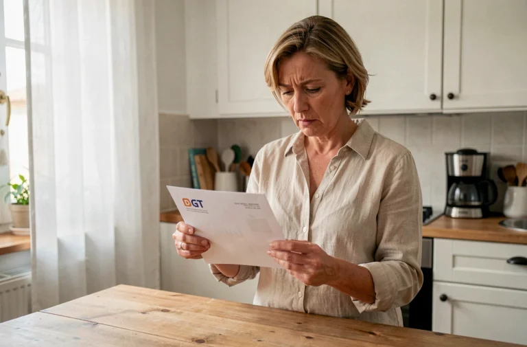 Femme examinant un avis de contravention DGT reçu par courrier postal dans sa cuisine
