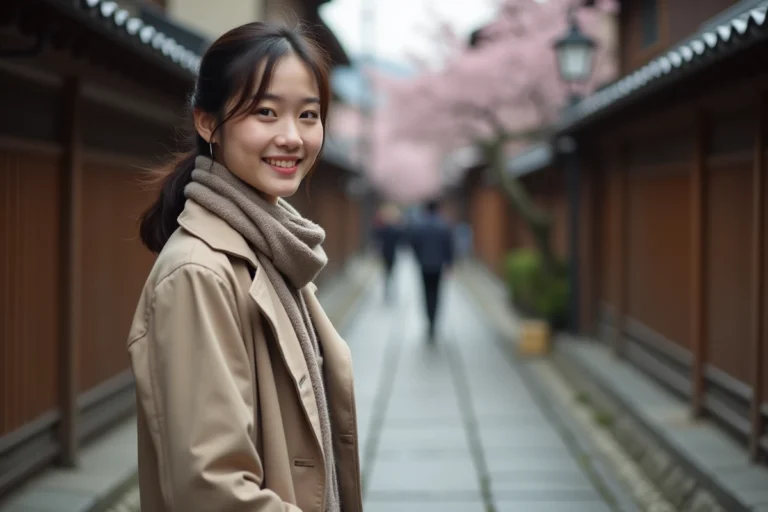 Jeune femme souriante dans une rue de Kyoto avec maisons traditionnelles
