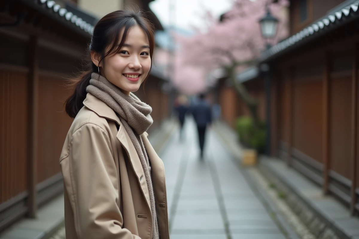 Jeune femme souriante dans une rue de Kyoto avec maisons traditionnelles