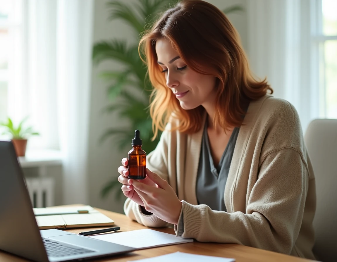 Femme lisant attentivement l'étiquette d'un sérum capillaire anti-chute posé sur un bureau en bois à domicile