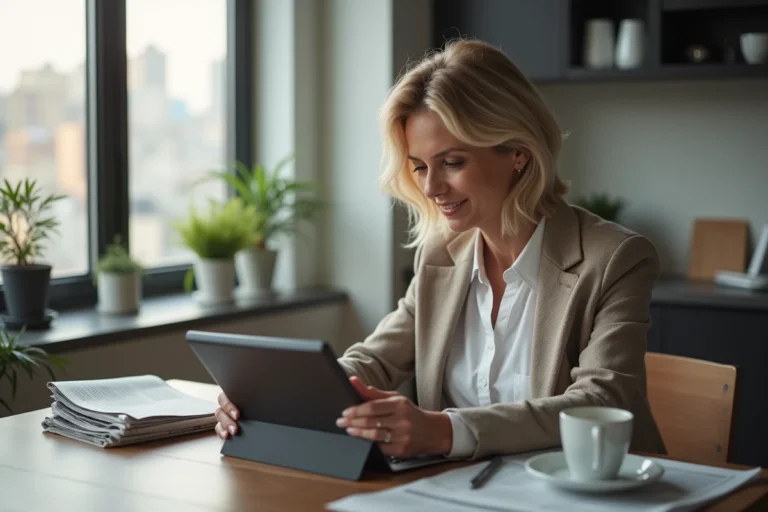 Femme d'âge moyen lisant un article sur tablette dans une cuisine moderne