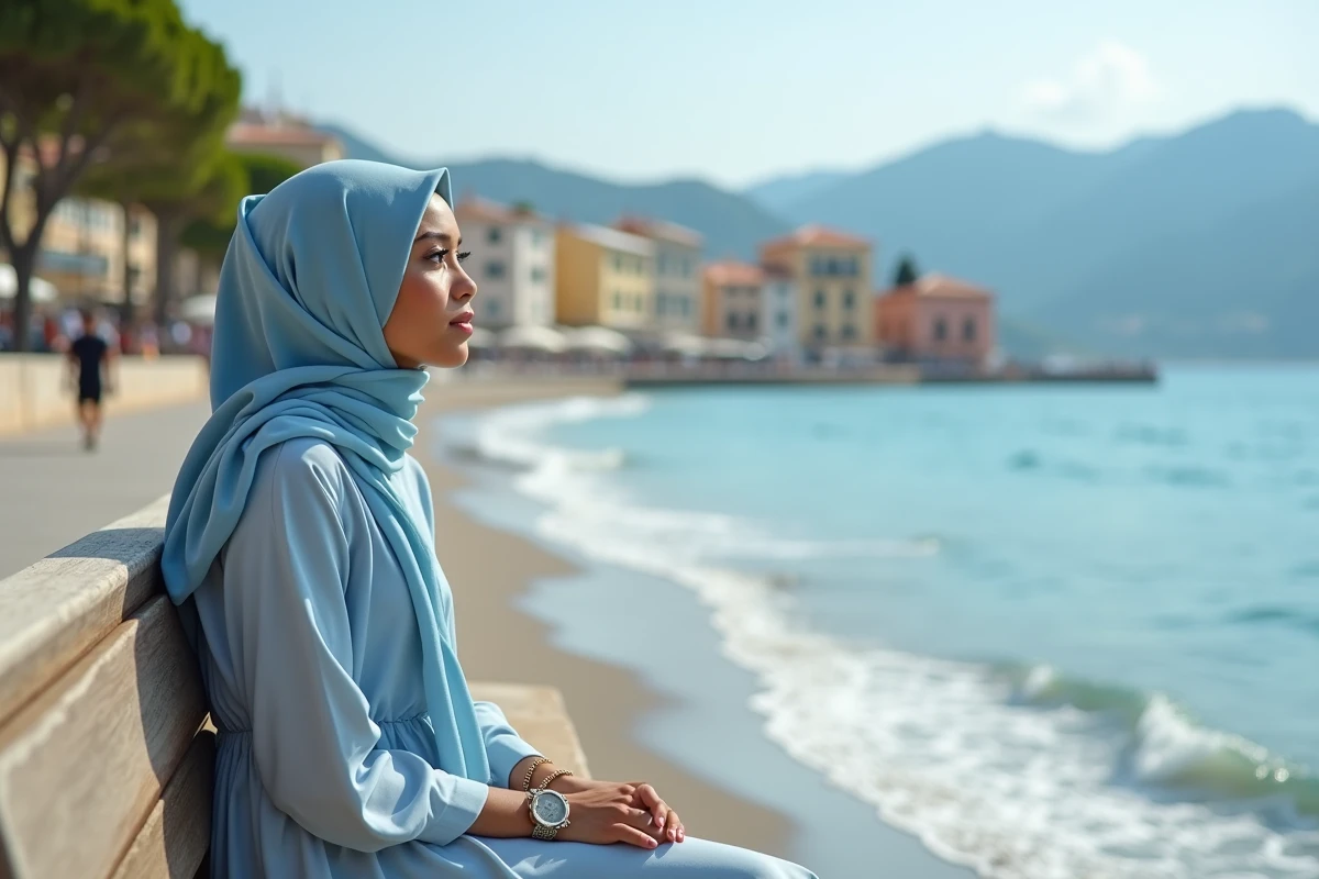 Jeune femme musulmane assise sur une promenade corse