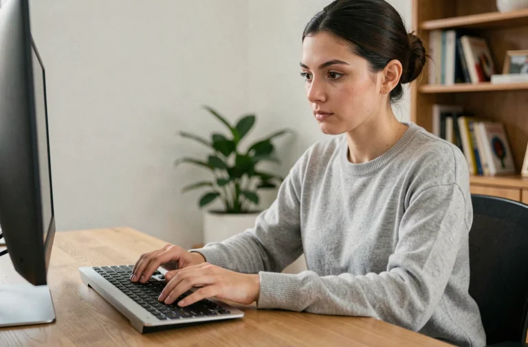 Jeune femme tapant sur un clavier d'ordinateur pour insérer une barre verticale avec un raccourci clavier