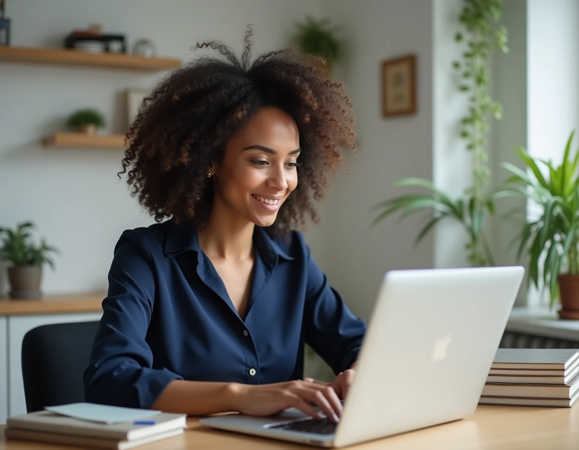 Femme cherchant un emploi en ligne sur son ordinateur portable dans un bureau à domicile