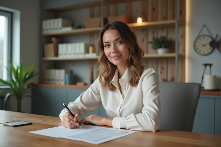 Femme détendue signant un document dans un bureau moderne