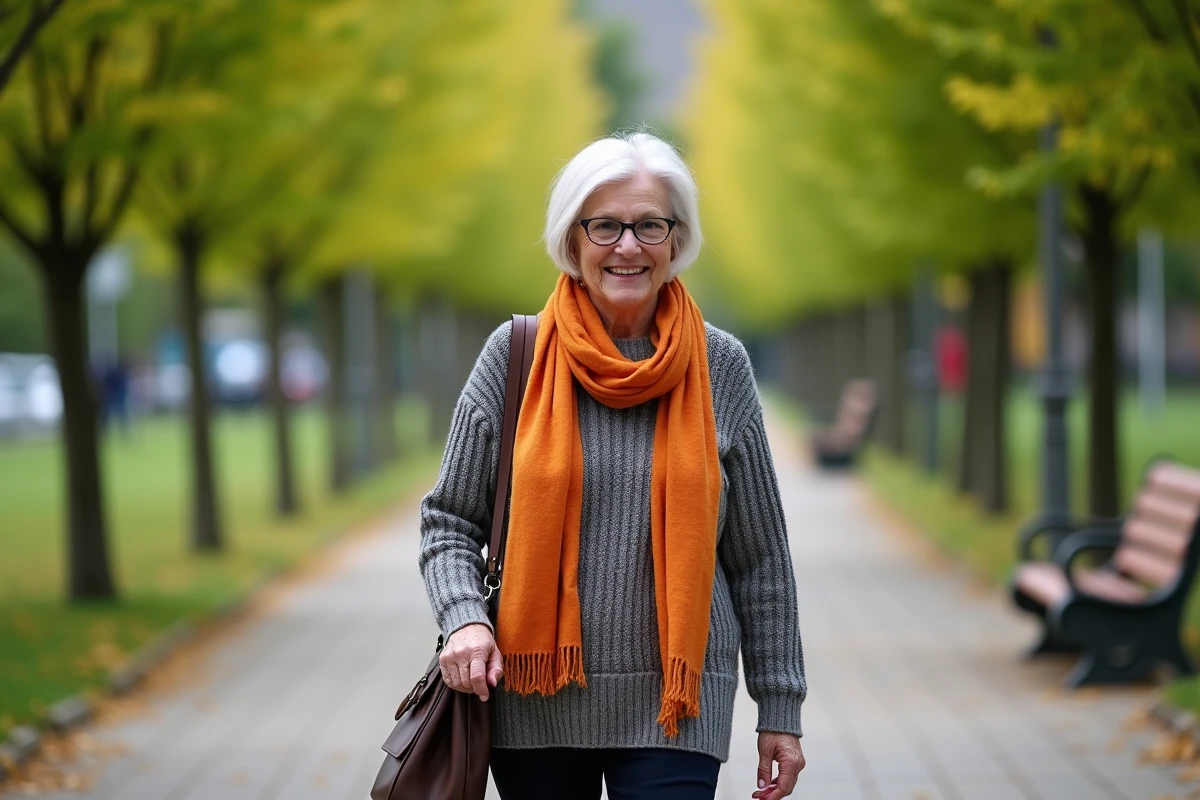 Femme aux cheveux gris marchant dans un parc urbain