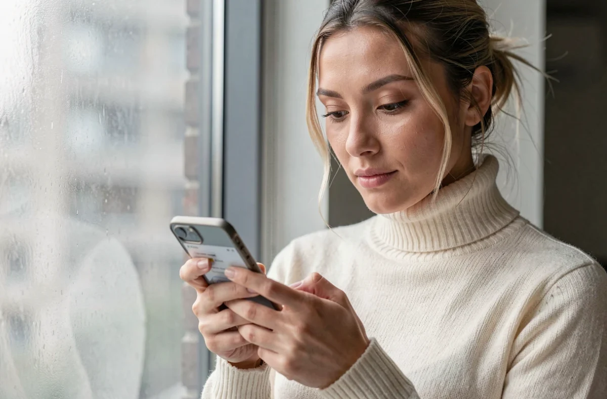Jeune femme utilisant son smartphone pour envoyer une demande de contact au site Le Break Beauté