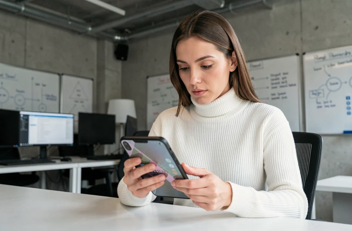 Femme examinant un smartphone pliable dernier cri dans un espace de travail technologique moderne