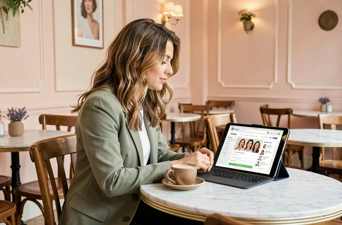 Femme en train de contacter Le Break Beauté depuis sa tablette dans un café parisien