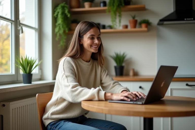 Femme travaillant sur un laptop dans une cuisine moderne