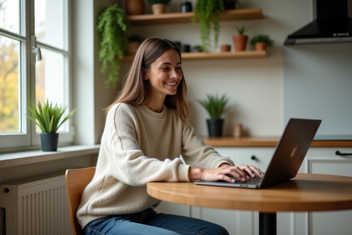 Femme travaillant sur un laptop dans une cuisine moderne