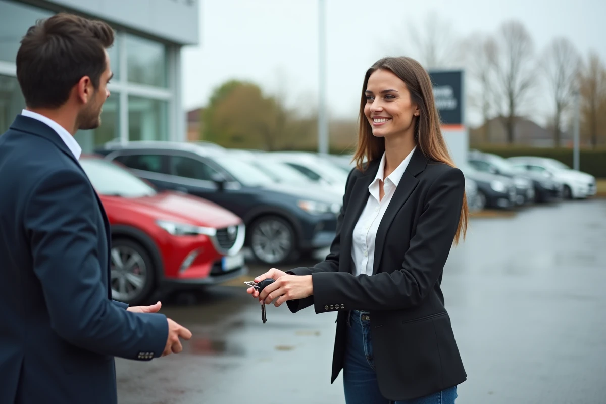 Vendeuse auto souriante remettant les clés à un client