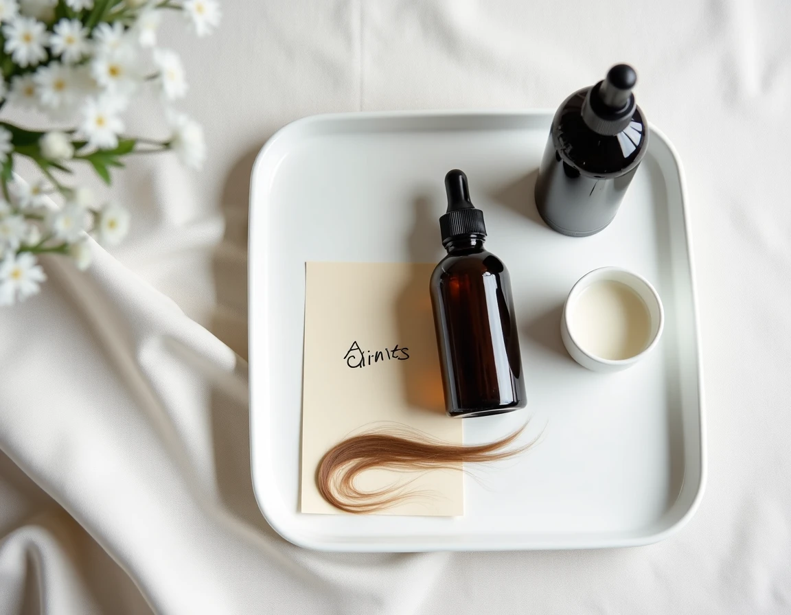 Flatlay minimaliste de produits capillaires anti-chute sur plateau en céramique blanche avec note d'avis clients manuscrite