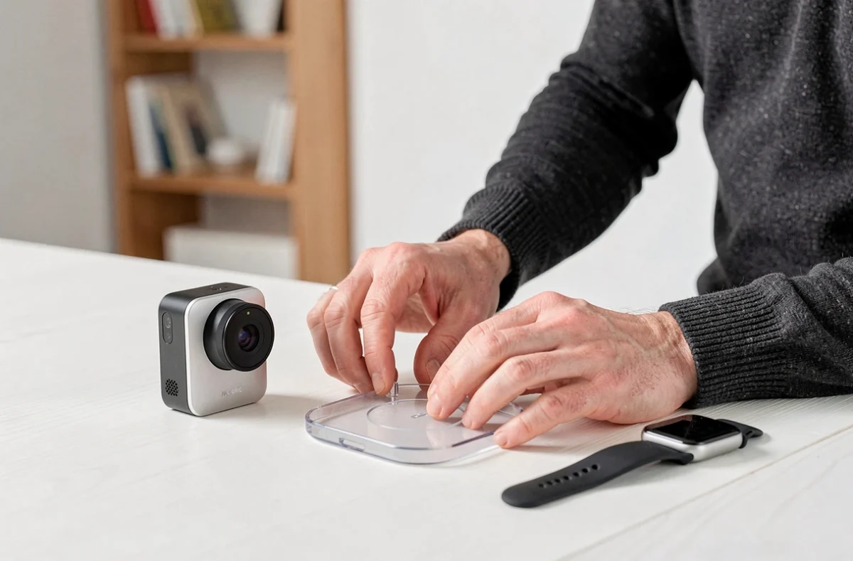 Mains arrangeant des gadgets high-tech innovants sur un bureau en bois clair dans un studio minimaliste